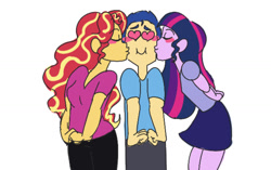 Size: 1231x774 | Tagged: safe, artist:ponyretirementhome, character:flash sentry, character:sunset shimmer, character:twilight sparkle, ship:flashimmer, ship:flashlight, my little pony:equestria girls, blushing, female, flashlightshimmer, hands behind back, heart eyes, kiss on the cheek, kiss sandwich, kissing, male, polyamory, shipping, simple background, straight, white background, wingding eyes