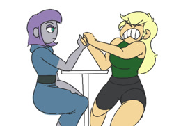 Size: 1213x880 | Tagged: safe, artist:ponyretirementhome, character:applejack, character:maud pie, my little pony:equestria girls, arm wrestling, duo, gritted teeth, maud being maud, strong, stronk, table
