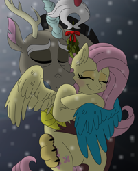 Size: 7500x9334 | Tagged: safe, artist:faitheverlasting, character:discord, character:fluttershy, species:pegasus, species:pony, ship:discoshy, absurd resolution, christmas, eyes closed, female, holiday, hug, male, milestone, mistletoe, prehensile tail, shipping, smiling, snow, snowfall, straight, tail hold