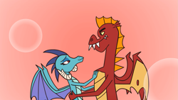 Size: 1717x966 | Tagged: safe, artist:noidavaliable, character:garble, character:princess ember, ship:emble, bedroom eyes, female, male, shipping, straight