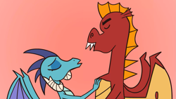 Size: 1717x966 | Tagged: safe, artist:noidavaliable, edit, character:garble, character:princess ember, species:dragon, ship:emble, eyes closed, female, imminent kissing, male, shipping, straight