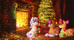 Size: 2970x1620 | Tagged: safe, artist:dukevonkessel, character:apple bloom, character:scootaloo, character:sweetie belle, species:earth pony, species:pegasus, species:pony, species:unicorn, apple bloom's bow, bow, christmas, christmas lights, christmas stocking, christmas tree, clothing, cutie mark crusaders, eyes closed, female, filly, fireplace, hair bow, holiday, open mouth, prone, sitting, smiling, socks, tree, trio