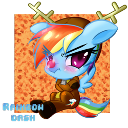 Size: 1800x1800 | Tagged: safe, artist:noisyvox, character:rainbow dash, species:pegasus, species:pony, abstract background, animal costume, backwards cutie mark, blushing, christmas, costume, crossed hooves, cute, dashabetes, eye clipping through hair, female, holiday, mare, pixiv, reindeer costume, reindeer dash, rudolph dash, rudolph the red nosed reindeer, sitting, solo, unamused