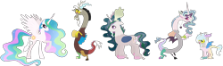 Size: 2804x831 | Tagged: safe, artist:xhalesx, base used, character:discord, character:princess celestia, oc, oc:ataxia, oc:equity, oc:utopia, parent:discord, parent:princess celestia, parents:dislestia, species:draconequus, ship:dislestia, draconequus hybrid, draconequus oc, family, female, horn, horn ring, hybrid, interspecies offspring, male, offspring, shipping, stock vector, straight