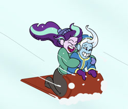 Size: 1280x1094 | Tagged: safe, artist:ponyretirementhome, character:starlight glimmer, character:trixie, ship:startrix, my little pony:equestria girls, clothing, female, hat, lesbian, shipping, sleigh, snow, winter, winter outfit
