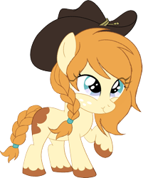 Size: 1121x1392 | Tagged: safe, artist:owlity, oc, oc only, oc:rudy chimes, species:earth pony, species:pony, 2020 community collab, derpibooru community collaboration, braid, braided tail, clothing, cowgirl, female, filly, hat, raised hoof, simple background, smiling, solo, transparent background