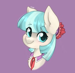 Size: 1536x1502 | Tagged: safe, artist:siripim111, character:coco pommel, species:pony, bust, chest fluff, cocobetes, cute, ear fluff, eye clipping through hair, female, mare, portrait, purple background, simple background, smiling, solo
