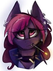 Size: 2000x2684 | Tagged: safe, artist:ignis, oc, oc only, oc:belladonna, species:bat pony, art trade, collar, ear piercing, piercing, simple background, smoking, solo, spiked collar, transparent background