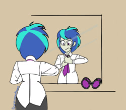 Size: 1280x1114 | Tagged: safe, artist:ponyretirementhome, character:dj pon-3, character:vinyl scratch, my little pony:equestria girls, clothing, female, implied lesbian, implied scratchtavia, implied shipping, mirror, necktie, pants, shirt, solo