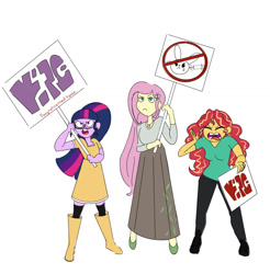 Size: 1280x1303 | Tagged: safe, artist:ponyretirementhome, character:fluttershy, character:sunset shimmer, character:twilight sparkle, character:twilight sparkle (scitwi), species:eqg human, ship:scitwishimmer, ship:sunsetsparkle, ship:sunshyne, ship:twishy, ship:twishyset, my little pony:equestria girls, animal rights, boots, clothing, female, jewelry, lesbian, long skirt, necklace, polyamory, protest, shipping, shoes, simple background, skirt, white background