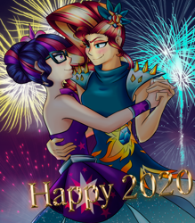 Size: 1752x2000 | Tagged: safe, artist:mandy1412, character:sunset shimmer, character:twilight sparkle, character:twilight sparkle (scitwi), species:eqg human, ship:scitwishimmer, ship:sunsetsparkle, my little pony:equestria girls, 2020, alternate hairstyle, dancing, female, fireworks, happy new year, happy new year 2020, holiday, lesbian, shipping