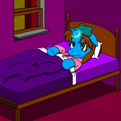 Size: 1000x1000 | Tagged: safe, artist:neoryan2, oc, oc only, oc:mindset, species:pony, species:unicorn, bed, ice pack, magic suppression, sick, thermometer