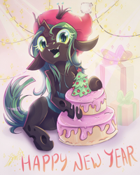 Size: 1200x1500 | Tagged: safe, artist:alexbluebird, character:queen chrysalis, species:changeling, cake, changeling queen, christmas, christmas changeling, christmas tree, cute, cutealis, female, food, frosting, gift wrapped, happy new year, holiday, looking at you, open mouth, solo, tree