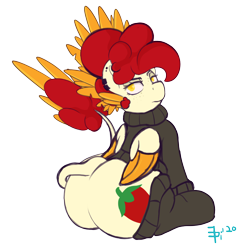 Size: 3000x3000 | Tagged: safe, artist:epicenehs, oc, oc:chimie changa, species:pony, 2020 community collab, derpibooru community collaboration, clothing, female, looking back, mare, original species, pegaphoenix, simple background, sitting, socks, solo, sweater, transparent background