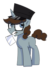 Size: 1200x1560 | Tagged: safe, artist:coaldustthestrange, oc, oc only, species:pony, species:unicorn, 2020 community collab, derpibooru community collaboration, clothing, flag, glasses, hat, mouth hold, simple background, solo, transparent background