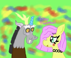 Size: 1007x828 | Tagged: safe, artist:kittycatrittycat, character:discord, character:fluttershy, species:draconequus, species:pegasus, species:pony, comic:soarin to the rainbow, ship:discoshy, blushing, choker, female, flutterbitch, lipstick, makeup, male, shipping, short hair, simple background, straight, text