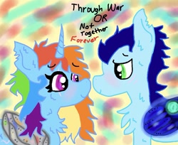 Size: 1013x827 | Tagged: safe, artist:kittycatrittycat, character:rainbow dash, character:soarin', species:alicorn, species:pegasus, species:pony, comic:soarin to the rainbow, ship:soarindash, alicornified, alternate timeline, blushing, cringe text, crystal war timeline, extra fur, female, male, metal wing, old picture, race swap, rainbowcorn, scar, shipping, straight, text, torn ear