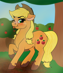 Size: 528x608 | Tagged: safe, artist:honiibree, artist:squigglejot, character:applejack, species:earth pony, species:pony, apple, apple tree, blep, collaboration, cute, female, jackabetes, looking at you, mare, mud, muddy, muddy hooves, nose wrinkle, one eye closed, scrunchy face, solo, tongue out, tree, wink