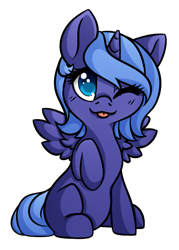 Size: 1280x1792 | Tagged: safe, artist:honiibree, character:princess luna, species:alicorn, species:pony, blep, colored pupils, cute, female, filly, lunabetes, one eye closed, simple background, sitting, solo, tongue out, transparent background, wink, woona, younger