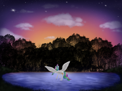Size: 500x375 | Tagged: safe, artist:honiibree, character:princess celestia, species:alicorn, species:pony, cloud, face not visible, facing away, female, glowing horn, horn, lake, mare, scenery, sky, solo, spread wings, stars, sunset, tree, water, wings