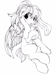 Size: 1200x1600 | Tagged: safe, artist:silver fox, oc, oc only, species:pegasus, species:pony, bunny ears, detailed wing, ear fluff, fluffy, frog (hoof), lineart, looking at you, monochrome, open mouth, short tail, simple background, solo, underhoof, white background