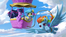 Size: 4450x2500 | Tagged: safe, artist:tinybenz, character:rainbow dash, character:twilight sparkle, oc, oc:lrivulet, oc:左岸, species:pegasus, species:pony, female, flying, hot air balloon, mare, pegasus oc, rope, sky