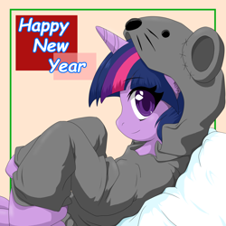 Size: 2000x2000 | Tagged: safe, artist:ragurimo, character:twilight sparkle, species:pony, animal costume, clothing, costume, cute, female, happy new year, high res, holiday, kigurumi, looking at you, mare, new year, pillow, profile, rat, solo, twiabetes, year of the rat