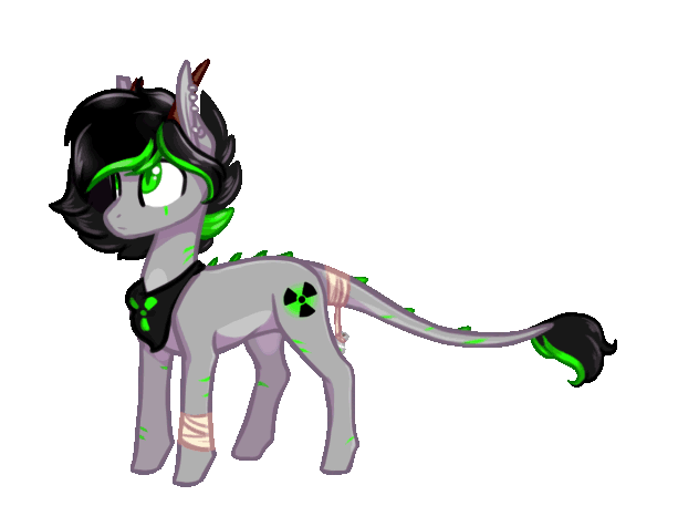 Size: 613x457 | Tagged: safe, artist:alicjaspring, oc, oc only, oc:plutonium, species:earth pony, species:pony, animated, bandana, cute, ear piercing, element pony, eyes closed, gif, horns, male, object pony, ocbetes, original species, piercing, ponified, radioactive, raised hoof, simple background, smiling, solo, stallion, transparent background