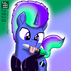 Size: 1800x1800 | Tagged: safe, artist:mrchaosthecunningwlf, artist:ponyvillechaos577, oc, oc:vivid piece, species:pony, species:unicorn, clothing, hoodie, icon, male, paint brush tail, solo, stallion, tongue out
