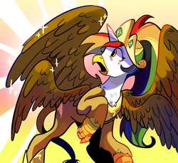 Size: 1280x1170 | Tagged: safe, artist:milky-rabbit, oc, oc:rainbow feather, parent:gilda, parent:rainbow dash, parents:gildash, species:griffon, species:hippogriff, crown, four wings, grifficorn, griffon oc, interspecies offspring, jewelry, magical lesbian spawn, multicolored hair, multiple wings, next generation, offspring, princess, regalia, solo, transformation, wings