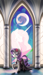 Size: 1920x3316 | Tagged: safe, artist:awalex, character:princess celestia, character:princess luna, character:rarity, species:pony, species:unicorn, chest fluff, clothing, crescent moon, cute, cutie mark accessory, dress, ear fluff, female, flower, flower in hair, garter belt, hoof shoes, jewelry, lace, leg fluff, mare, moon, necklace, pink-mane celestia, raribetes, rose, solo, stained glass
