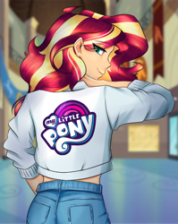 Size: 1591x2000 | Tagged: safe, artist:mandy1412, character:sunset shimmer, my little pony:equestria girls, canterlot high, clothing, female, hallway, high school, jacket, jeans, lidded eyes, long sleeves, looking at you, looking back, looking back at you, my little pony logo, pants, pockets, smiling, smiling at you, solo