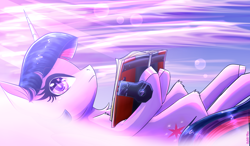 Size: 2400x1400 | Tagged: safe, artist:spirit-fire360, character:twilight sparkle, character:twilight sparkle (unicorn), species:pony, species:unicorn, book, crepuscular rays, cute, female, lens flare, looking at you, mare, on back, reading, solo