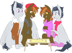 Size: 1915x1399 | Tagged: safe, artist:icey-wicey-1517, artist:sychia, edit, character:button mash, character:rumble, species:earth pony, species:pegasus, species:pony, blushing, board game, card, chest fluff, clothing, collaboration, color edit, colored, dice, female, gay, gloves, grin, hat, hoodie, hug, jacket, joystick (r63), lesbian, male, mare, missing cutie mark, older, open mouth, ponidox, raised hoof, rule 63, rumblemash, scarf, self paradox, self ponidox, shipping, simple background, sitting, smiling, socks, stallion, table, transparent background, tumble, tumbstick, winghug