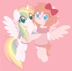 Size: 918x905 | Tagged: safe, artist:owlity, oc, oc only, oc:sayaka, oc:sweet dreams, species:alicorn, species:pegasus, species:pony, alicorn oc, bandaid, blushing, bow, clothing, duo, female, flying, hair bow, hug, mare, multicolored hair, pink background, rainbow hair, simple background, smiling, sweater