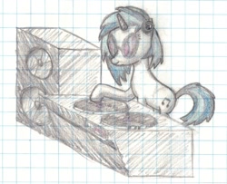 Size: 1213x983 | Tagged: safe, artist:mlplayer dudez, character:dj pon-3, character:vinyl scratch, species:pony, species:unicorn, female, glasses, graph paper, isometric, record, simple background, solo, speaker, traditional art, turntable
