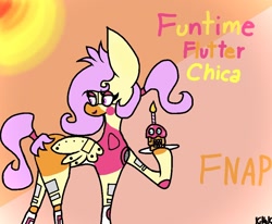Size: 1006x828 | Tagged: safe, artist:kittycatrittycat, character:fluttershy, species:pegasus, species:pony, bad anatomy, cupcake, female, five nights at pinkie's, food, funtime chica, funtime flutter chica, impossibly large ears, lipstick, plates, ponified, pony/bird, robot, solo