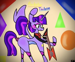 Size: 1001x828 | Tagged: safe, artist:kittycatrittycat, character:twilight sparkle, character:twilight sparkle (alicorn), species:alicorn, species:pony, alternate eye color, bad anatomy, bow tie, cheeks, colored belly, female, guitar, impossibly large ears, makeup, musical instrument, pizzeria simulator, robot, rockstar bonnie, shapes, solo, stars
