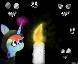Size: 1011x828 | Tagged: safe, artist:kittycatrittycat, character:rainbow dash, species:alicorn, species:pony, alicornified, candle, clothing, dark scenery, faces of evil, female, hoodie, magic, race swap, rainbowcorn, shading practice, solo, telekinesis