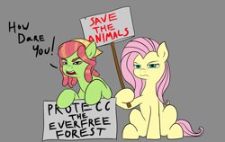 Size: 1233x780 | Tagged: safe, artist:jellymaggot, character:fluttershy, character:tree hugger, species:earth pony, species:pegasus, species:pony, /mlp/, 4chan, drawthread, duo, greta thunberg, how dare you?, protecc, protest, sign, simple background, text