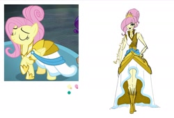 Size: 1280x869 | Tagged: safe, artist:ponyretirementhome, edit, screencap, character:fluttershy, character:rarity, species:pegasus, species:pony, episode:fake it 'til you make it, my little pony:equestria girls, alternate hairstyle, boots, clothing, crown, dress, eyes closed, eyeshadow, female, hair over one eye, high heel boots, hoof shoes, jewelry, lipstick, makeup, mare, raised hoof, regalia, shoes, simple background, solo focus, warrior of inner strength, white background