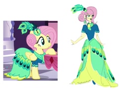 Size: 1280x929 | Tagged: safe, artist:ponyretirementhome, edit, screencap, character:fluttershy, species:pegasus, species:pony, episode:make new friends but keep discord, g4, my little pony: friendship is magic, my little pony:equestria girls, alternate hairstyle, clothing, dress, ear piercing, earring, feather, female, flats, gala dress, jewelry, lipstick, mare, piercing, raised hoof, scarf, simple background, solo, table, white background