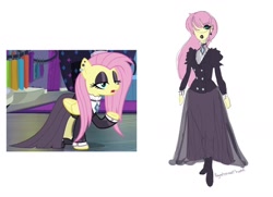 Size: 1280x926 | Tagged: safe, artist:ponyretirementhome, edit, screencap, character:fluttershy, species:pegasus, species:pony, episode:fake it 'til you make it, my little pony:equestria girls, alternate hairstyle, boots, choker, clothing, dress, ear piercing, earring, equestria girls interpretation, eyeshadow, female, fluttergoth, goth, hoof shoes, jewelry, lipstick, long skirt, makeup, mare, piercing, raised hoof, scene interpretation, shoes, simple background, skirt, solo, white background