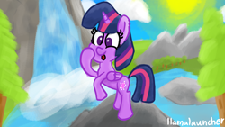 Size: 3840x2160 | Tagged: safe, artist:llamalauncher, character:twilight sparkle, character:twilight sparkle (alicorn), species:alicorn, species:pony, female, rock, solo, starry eyes, sun, tongue out, tree, waterfall, wingding eyes