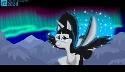 Size: 3122x1800 | Tagged: safe, artist:mrchaosthecunningwlf, artist:ponyvillechaos577, oc, oc:frost cloud, species:alicorn, species:dog, species:pony, alicorn oc, arctic, aurora borealis, concept art, crossbreed, crying, emotional, flying, foal, happy, husky, hybrid, prince, puppy, royalty, solo, tears of joy
