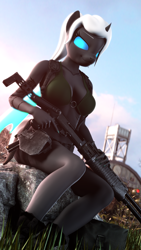 Size: 1080x1920 | Tagged: safe, artist:jacob_lhh3, oc, oc:dragonfly, species:anthro, species:changeling, species:plantigrade anthro, 3d, bra, breasts, changeling oc, clothing, female, glowing eyes, guard tower, gun, handgun, hangar, holster, looking at you, military, outdoors, pistol, ponytail, reasonably shaped breasts, reasonably sized breasts, shotgun, sitting, smiling, smirk, solo, source filmmaker, spas-12, tattoo, trigger discipline, underwear, wings