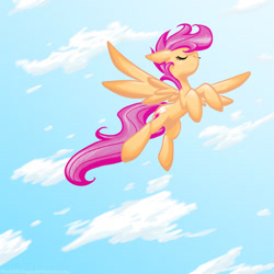Size: 900x900 | Tagged: safe, artist:hoshinousagi, character:scootaloo, species:pegasus, species:pony, alternate cutie mark, cloud, eyes closed, female, filly, flying, scootaloo can fly, sidemouth, smiling, solo, spread wings, wings