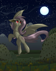 Size: 1100x1400 | Tagged: safe, artist:hoshinousagi, character:flutterbat, character:fluttershy, species:bat pony, species:pony, bat ponified, cutie mark, female, floppy ears, flying, full moon, looking away, looking up, mare, moon, night, outdoors, race swap, red eyes, smiling, solo, spread wings, starry night, stars, sweet apple acres, wings