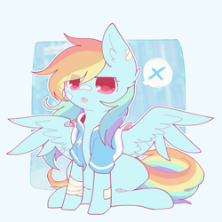 Size: 800x800 | Tagged: safe, artist:jisuppe, character:rainbow dash, species:pegasus, species:pony, abstract background, bandage, bandaid, clothing, cute, dashabetes, ear fluff, female, jacket, mare, sitting, solo, spread wings, tongue out, wings