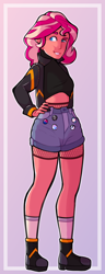 Size: 568x1481 | Tagged: safe, artist:geisharozu, character:sunset shimmer, my little pony:equestria girls, clothing, denim shorts, female, hand on hip, jacket, legs, sexy, shirt, shoes, shorts, smiling, socks, solo, tomboy